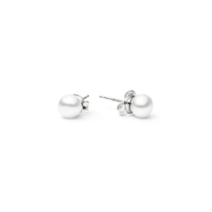 A pair of elegant white pearl stud earrings with silver clasps, showcasing a classic and sophisticated design.