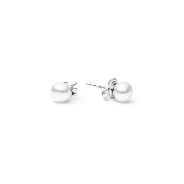 A pair of elegant white pearl stud earrings with silver clasps, showcasing a classic and sophisticated design.