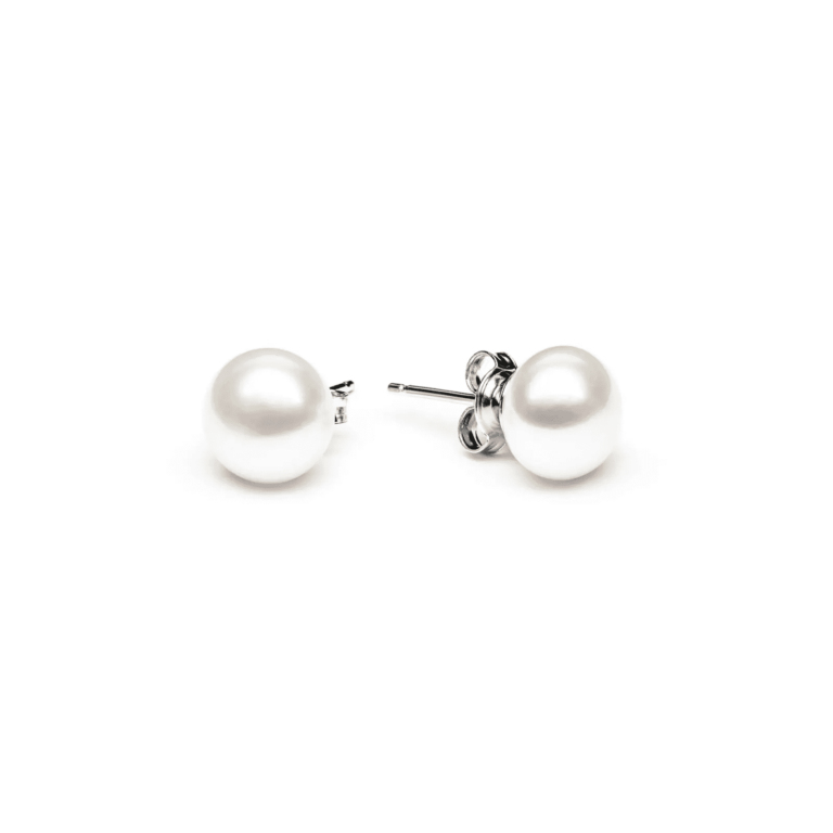 Two elegant pearl stud earrings with silver clasps, featuring smooth, luminous white pearls on a plain white background.