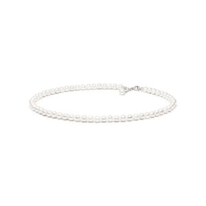 A classic pearl necklace featuring a string of lustrous white pearls, secured with a delicate silver clasp.