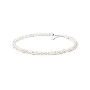 A classic pearl necklace featuring lustrous white pearls and a silver clasp, elegantly displayed on a white background.