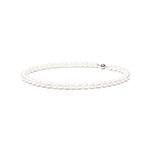 Elegant white pearl necklace with a gold clasp, showcasing a classic and timeless design.