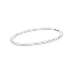 Elegant white pearl necklace with a subtle sheen, featuring evenly spaced pearls and a simple gold clasp.