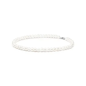 Elegant white pearl necklace with a simple clasp, showcasing a classic and timeless design. Perfect for any occasion.