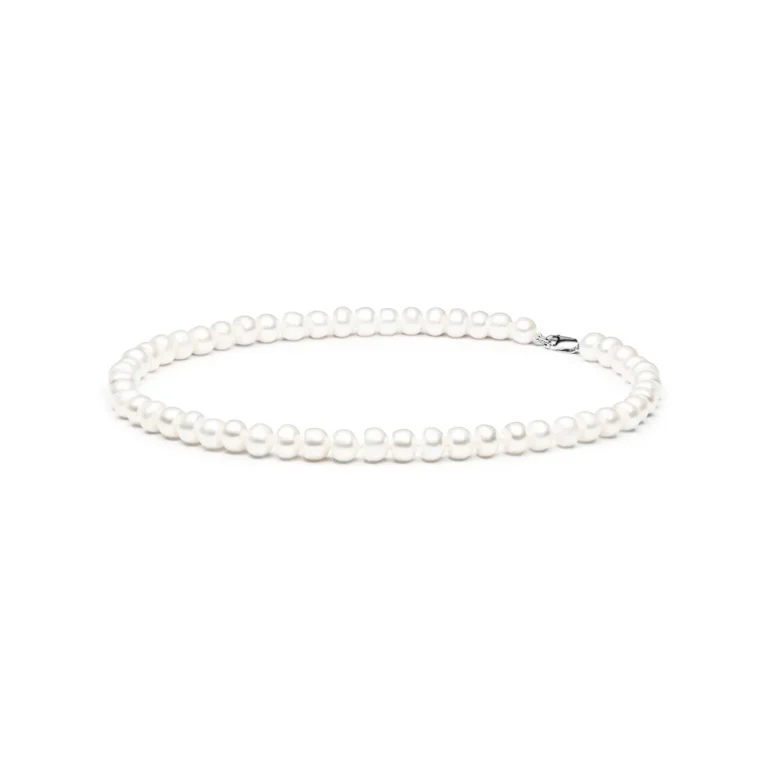 Elegant white pearl necklace with a simple clasp, showcasing a classic and timeless design. Perfect for any occasion.