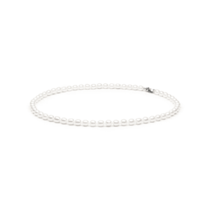 Elegant pearl necklace with evenly spaced white pearls and a silver clasp, ideal for formal or casual occasions.