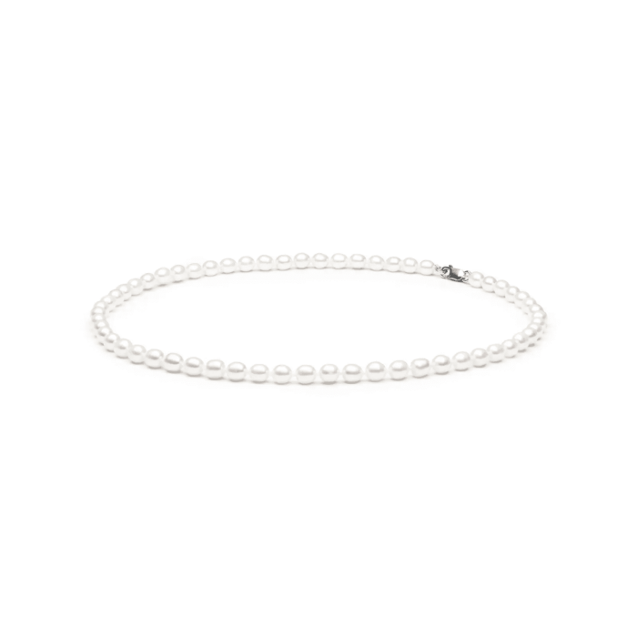 Elegant pearl necklace with evenly spaced white pearls and a silver clasp, ideal for formal or casual occasions.