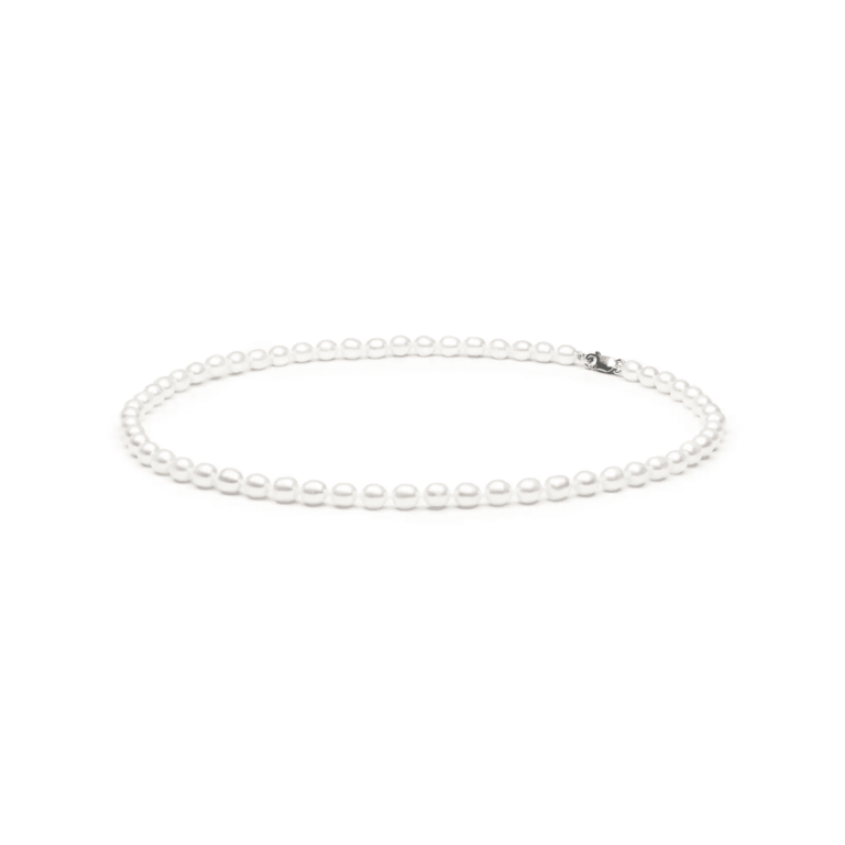 Elegant pearl necklace with evenly spaced white pearls and a silver clasp, ideal for formal or casual occasions.