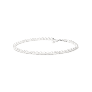 Elegant pearl necklace with evenly spaced white pearls, featuring a silver clasp and adjustable chain. Perfect for formal occasions.