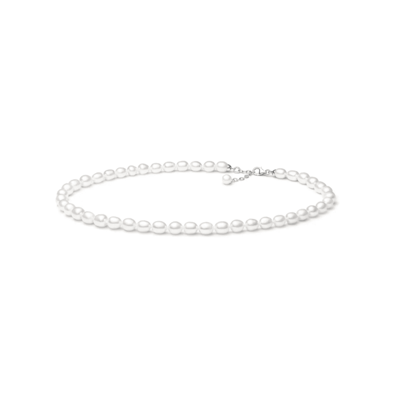 Elegant pearl necklace with evenly spaced white pearls, featuring a silver clasp and adjustable chain. Perfect for formal occasions.