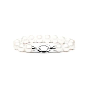 Elegant pearl bracelet with a silver clasp, featuring lustrous white pearls in varying sizes arranged in a delicate design.