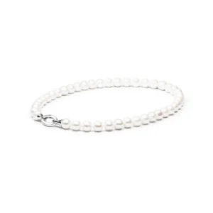 Elegant white pearl necklace with a silver clasp, showcasing a seamless string of lustrous pearls.