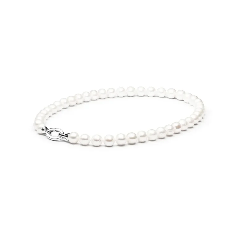 Elegant white pearl necklace with a silver clasp, showcasing a seamless string of lustrous pearls.