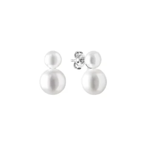 Elegant white pearl stud earrings featuring a unique double-ball design, combining a small and large pearl. Perfect for any occasion.