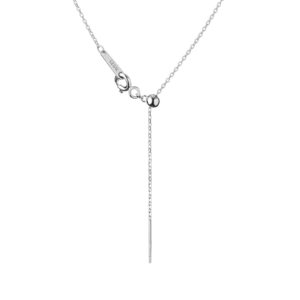 Close-up of a delicate silver necklace featuring a lobster clasp, adjustable chain, and a sleek pendant hanging elegantly.