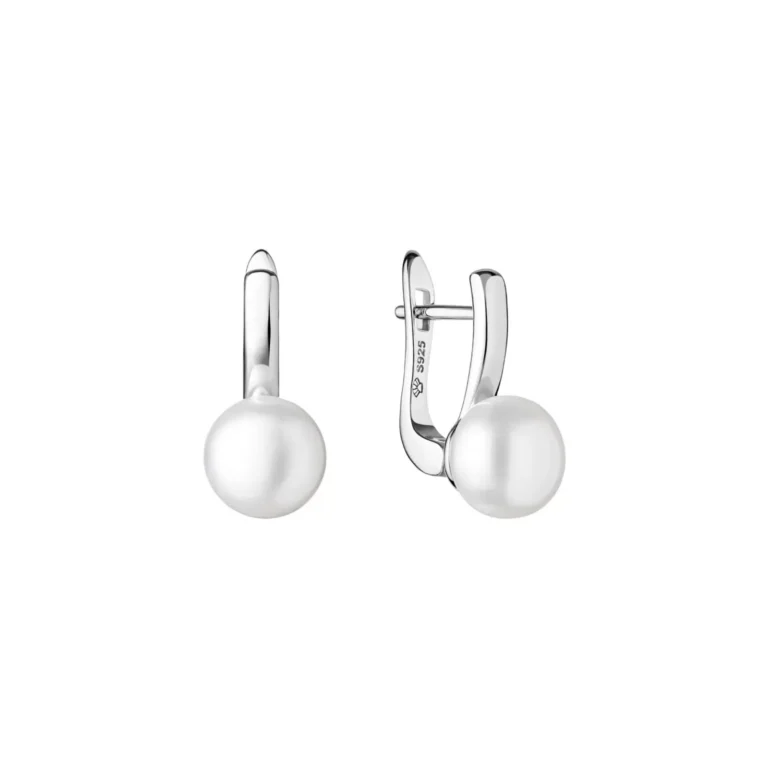 Elegant silver earrings featuring large, lustrous white pearls, showcasing a contemporary design with a secure clasp.