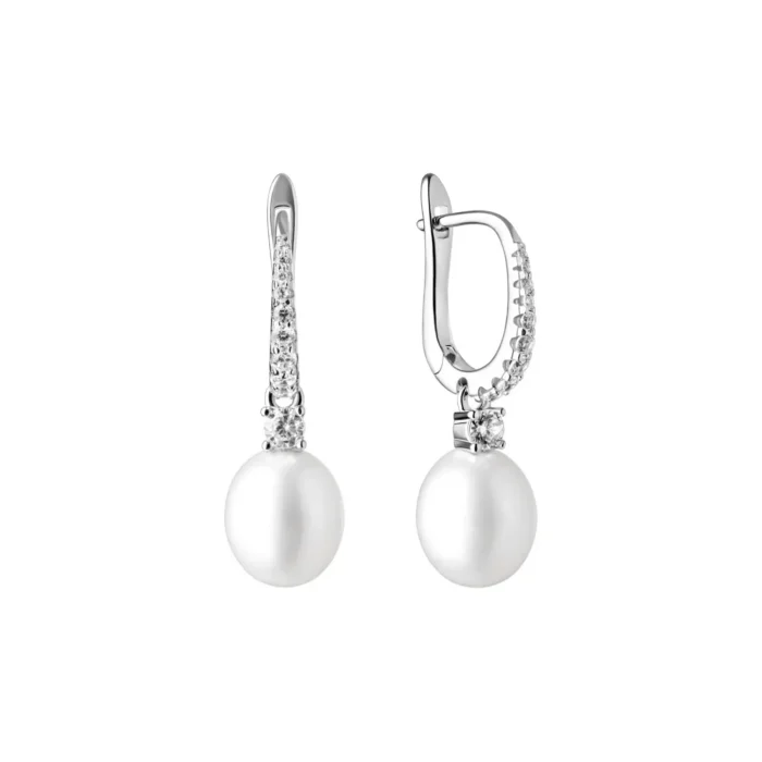 GAURA SK21220EL Elegant silver earrings featuring white pearls and sparkling accents, perfect for formal occasions or everyday glamour.