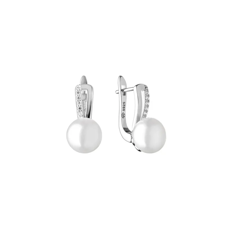 Elegant white pearl earrings with sparkling cubic zirconia accents on sterling silver hooks, perfect for any occasion.