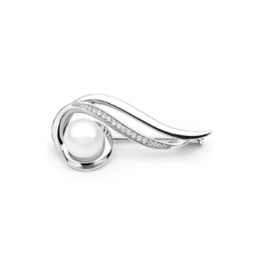 Elegant silver brooch featuring a round pearl and sparkling diamonds, designed in a graceful, flowing shape