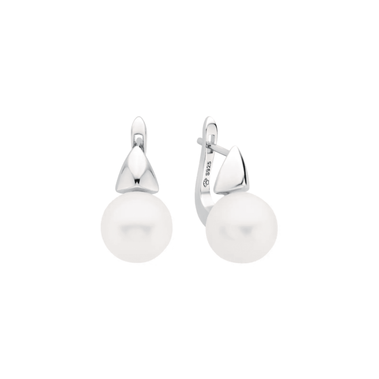 Elegant silver earrings featuring lustrous white pearls, designed with a sleek triangular top for a modern touch