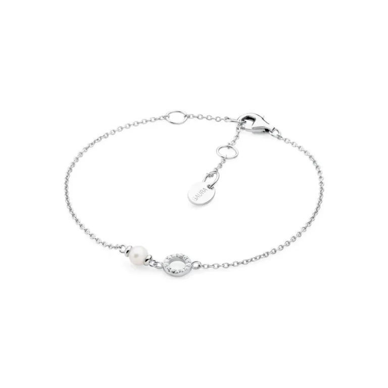 Silver bracelet featuring a pearl and a circular charm adorned with sparkling stones, completed with a clasp and adjustable chain.