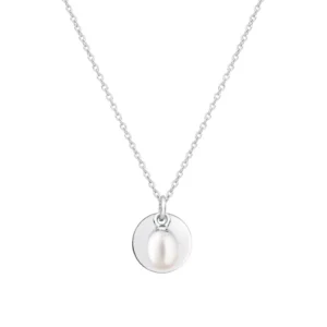 Silver necklace featuring a circular pendant with a lustrous oval white pearl at the center, showcasing elegant simplicity.