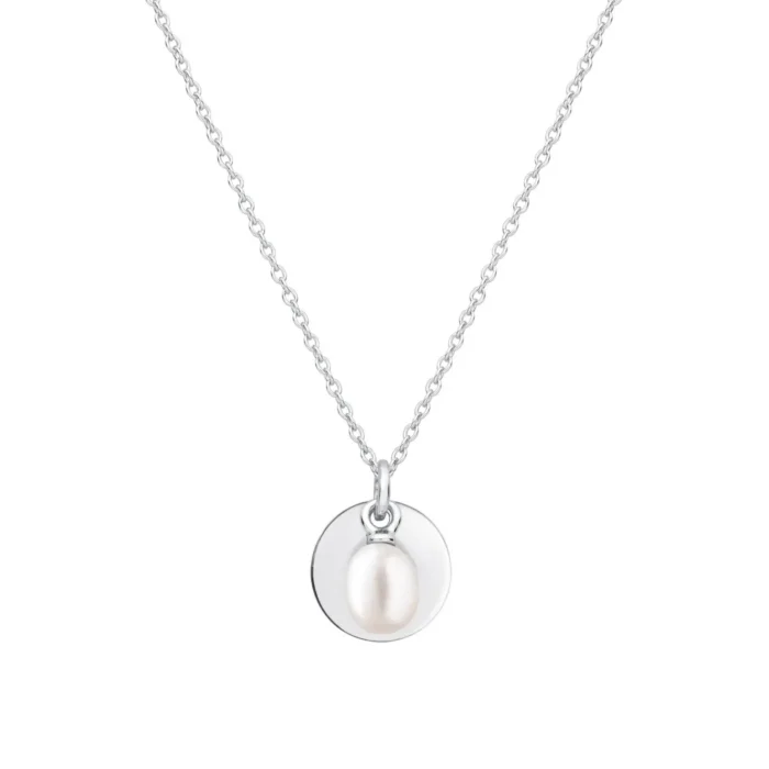 Silver necklace featuring a circular pendant with a lustrous oval white pearl at the center, showcasing elegant simplicity.