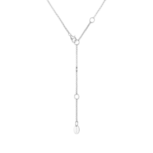 A minimalist silver necklace featuring a delicate chain with a drop pendant and an oval tag, elegantly hanging against a white background.