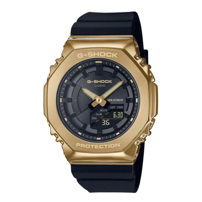 GM-S2100GB-1AER Gold G-Shock wristwatch with a black dial and rubber strap, featuring digital display and analog time indicators.