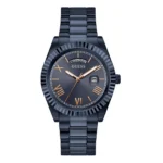 GUESS GW0265G9 Navy blue Guess watch with a textured bezel, gold Roman numerals, and a date display, featuring a sleek metal bracelet.
