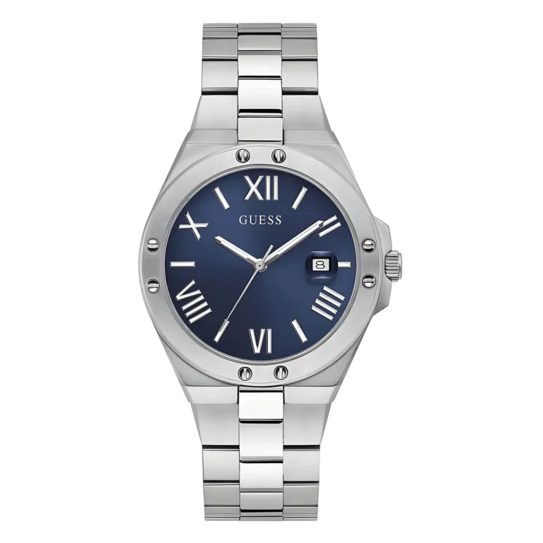 Silver stainless steel watch with a blue dial, Roman numerals, date display, and a sleek bracelet design by Guess.