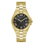 GUESS GW0276G2 Gold-tone Guess watch with a black dial, Roman numerals, date display, and a sleek linked bracelet. Elegant and stylish timepiece.