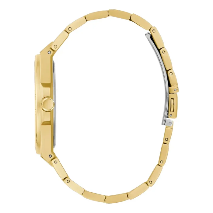 GUESS GW0276G2-3 Kuldtoonis käekell elegantse kaheksanurkse korpuse ja painduva metallvõruga, millel on poleeritud hõbedane pannal.