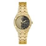 GUESS GW0312L2 A luxurious gold Guess watch featuring a sparkling bezel, a black dial with crystal accents, and a stylish gold link bracelet.