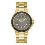 GUESS GW0426G2 Gold Guess watch with a gray dial, black bezel, and stainless steel bracelet, featuring luminous hour markers and hands.