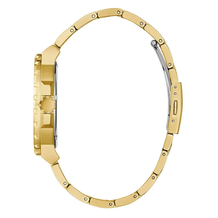 GUESS GW0426G2-3 Tyylikäs kultainen kello sivulta katsottuna, esittelee kiillotettuja linkkejä ja yksityiskohtaisen kruunun, korostaen modernia muotoiluaan.