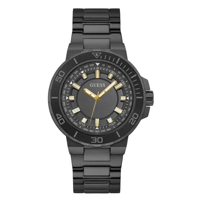 Black Guess watch with a textured gray face, gold accents, and a sturdy link bracelet, showcasing a modern, stylish design.