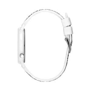 Side view of a sleek white smartwatch with a glossy display and a stylish strap featuring black pattern accents.