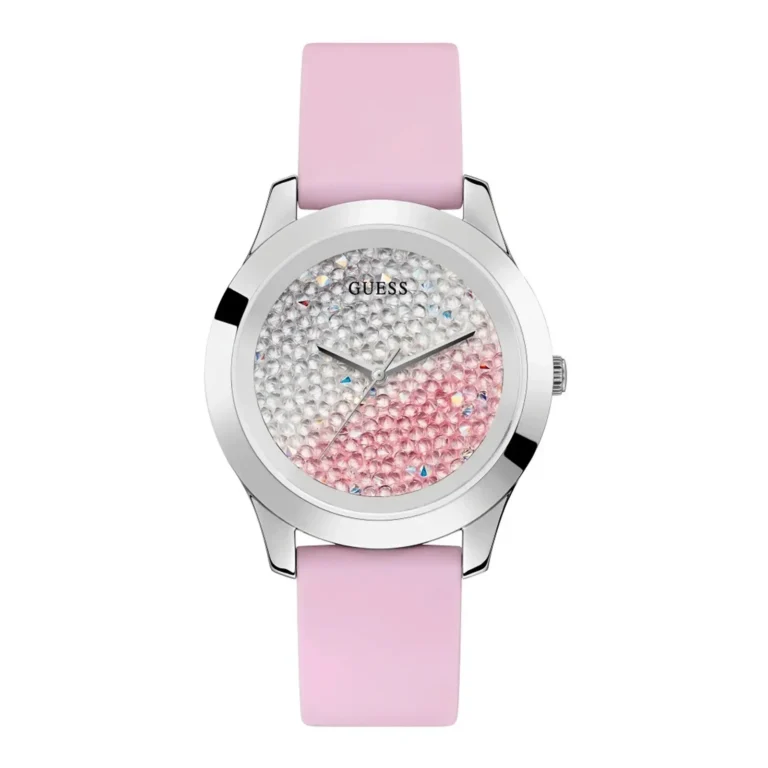 Elegant Guess watch featuring a sparkling gradient dial of crystals in pink and white, complemented by a soft pink silicone strap.
