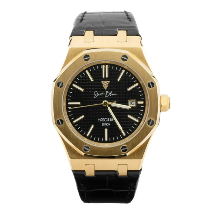 Gent-blum maskuliininen versio Kultasävyinen luksuskello, jossa musta teksturoitu kellotaulu, päivämäärätoiminto ja musta nahkaranneke, joka esittelee eleganssia ja hienostuneisuutta.