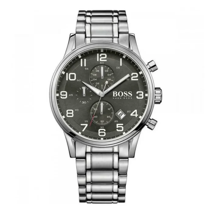 Silver stainless steel chronograph watch by Hugo Boss with a dark gray dial, large numbers, and multiple sub-dials.
