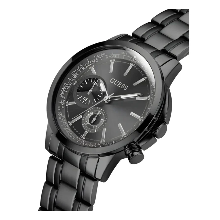 GW0490G3-2 En elegant, svart Guess-klocka med blank urtavla, kronograffunktion och ett stilrent metallarmband. Stilren klocka i detalj.