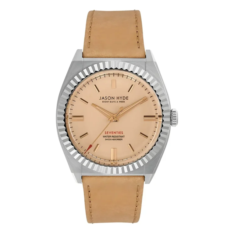 A stylish Jason Hyde watch featuring a beige dial, silver case, and tan leather strap, labeled "Seventies" and "Water Resistant."