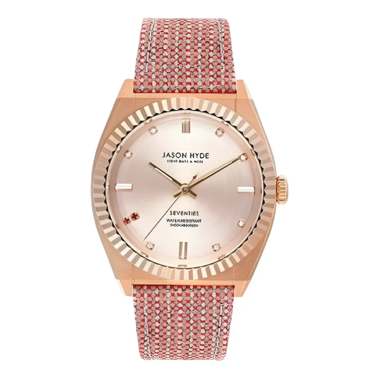 Elegant rose gold watch by Jason Hyde, featuring a pink textured strap and a minimalist dial with diamond-like accents.