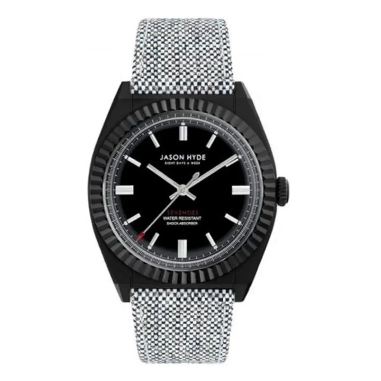A stylish black Jason Hyde watch with a mesh band, featuring a black face and silver accents, labeled “SEVENTIES” and “WATER RESISTANT.”