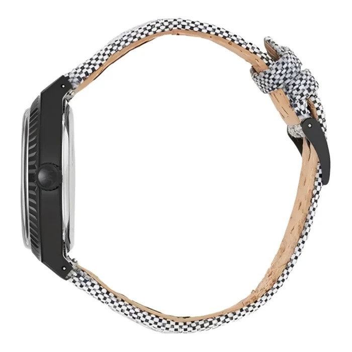 Side view of a stylish watch featuring a black case and a unique checkered fabric strap, showcasing craftsmanship and modern design.