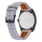 Back view of a stylish Jason Hyde watch featuring a fabric strap and a stainless steel case, marked with "Japan Movement" and "Water Resistant."