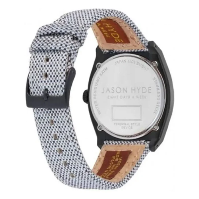 Back view of a stylish Jason Hyde watch featuring a fabric strap and a stainless steel case, marked with "Japan Movement" and "Water Resistant."
