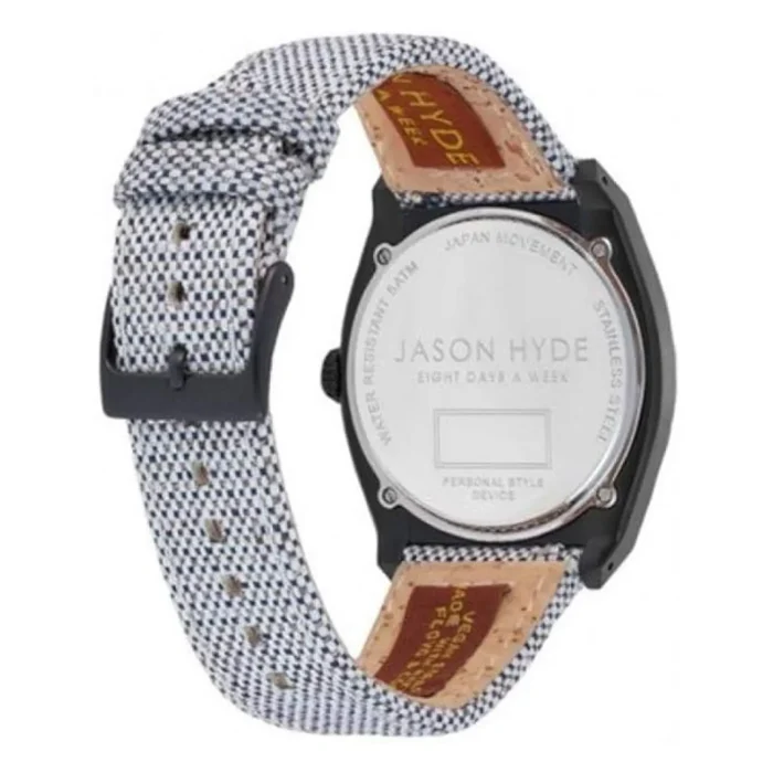 JASON HYDE JHW-JH10008-4 Stilingo Jason Hyde laikrodžio su medžiaginiu dirželiu ir nerūdijančiojo plieno korpusu, ant kurio užrašyta „Japan Movement“ ir „Water Resistant“, galinis vaizdas.