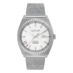 Sidabrinis Jason Hyde laikrodis su baltu ciferblatu, briaunuotu rėmeliu, tinkliniu dirželiu ir raudonais akcentais, atsparus vandeniui ir rodantis datą.